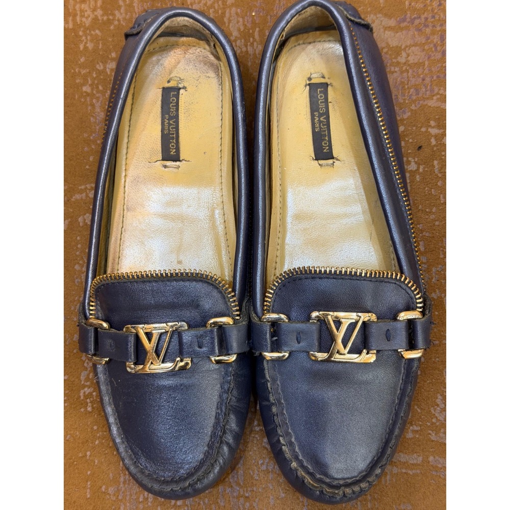 Louis Vuitton Navy Blue Leather Zipper Trim LV Logo Driving Loafers Shoes 39
